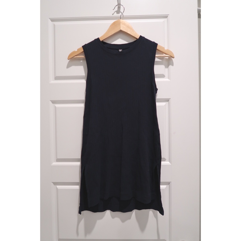 Uniqlo Navy Blue Ribbed Sleeveless 100% Cotton Tank Top Side Slit XS